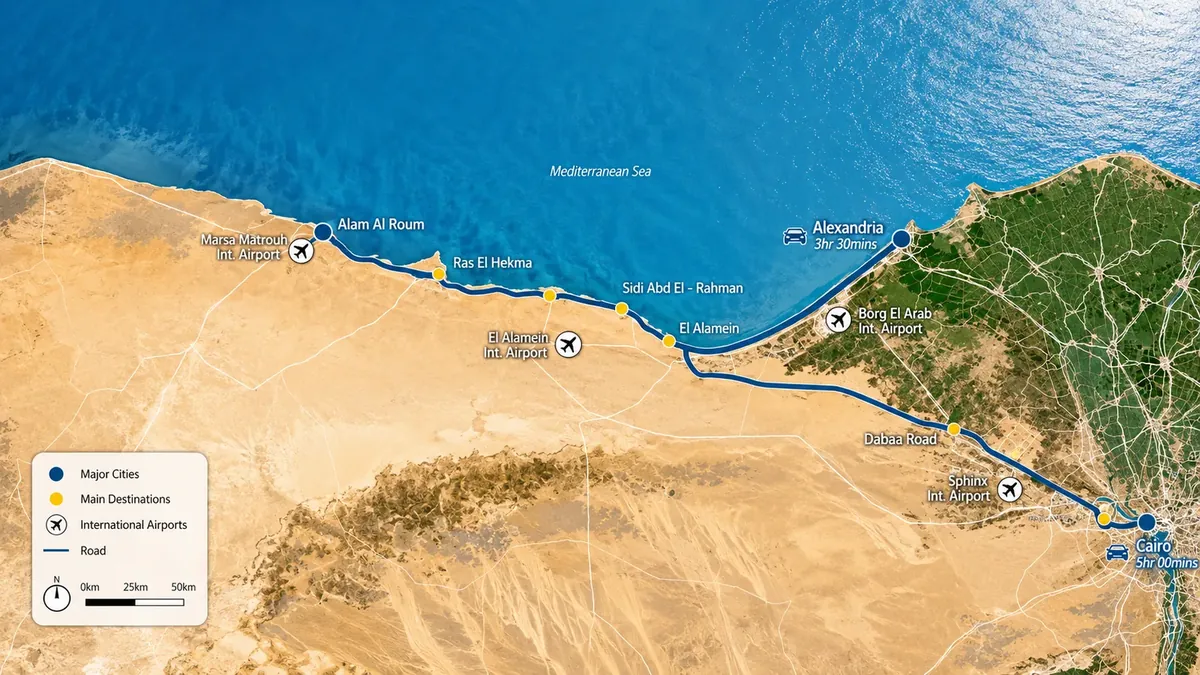 Alam Al Roum North Coast location map relative to Cairo and Alexandria
